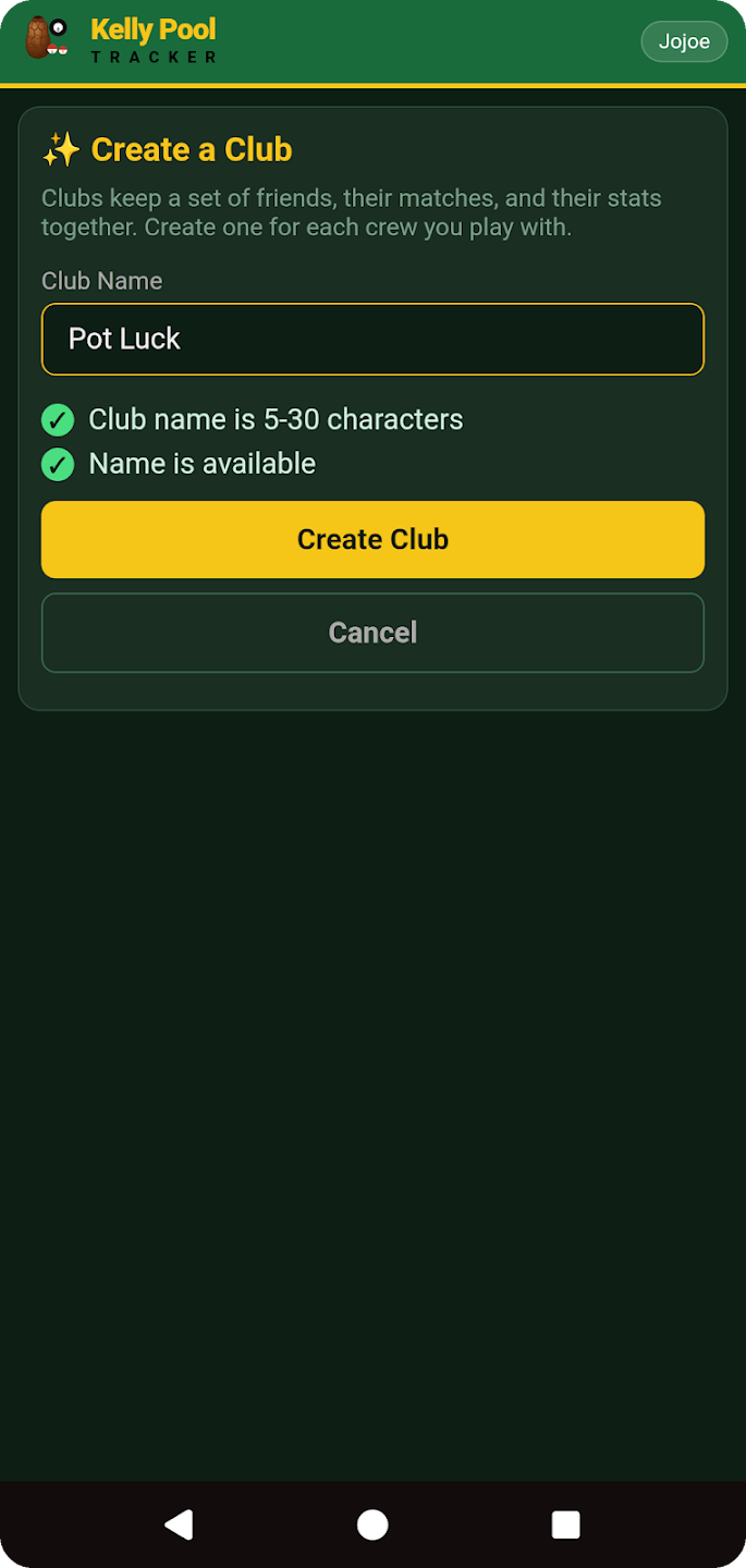 Create a Club screen with live name-availability checks.