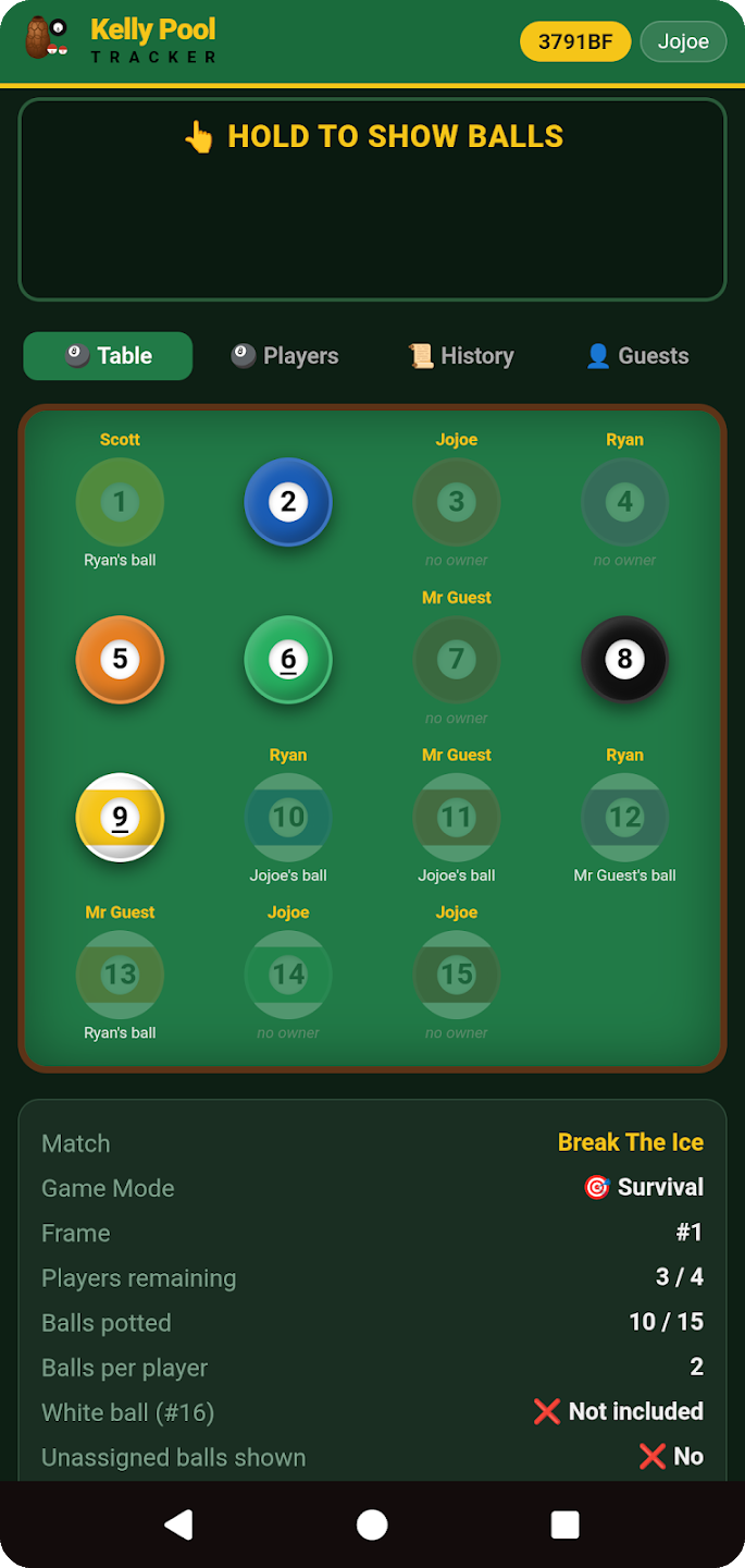 Live match table with Hold to Show Balls and the match status card.